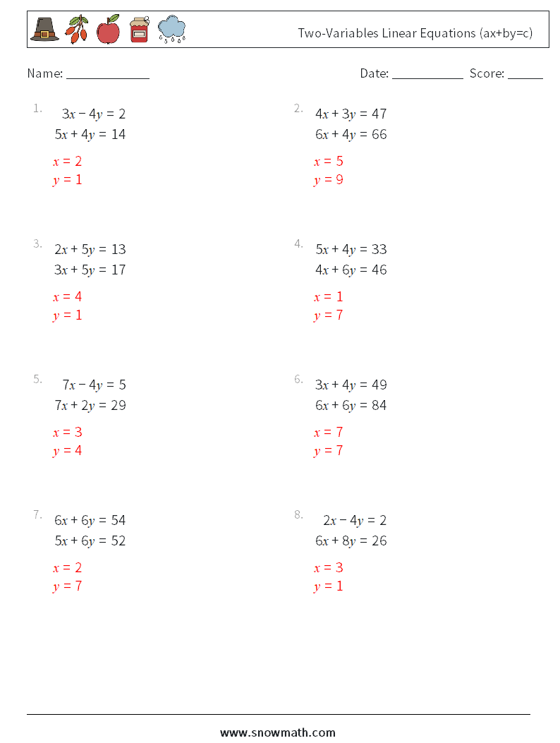 Two-Variables Linear Equations (ax+by=c) Maths Worksheets 14 Question, Answer