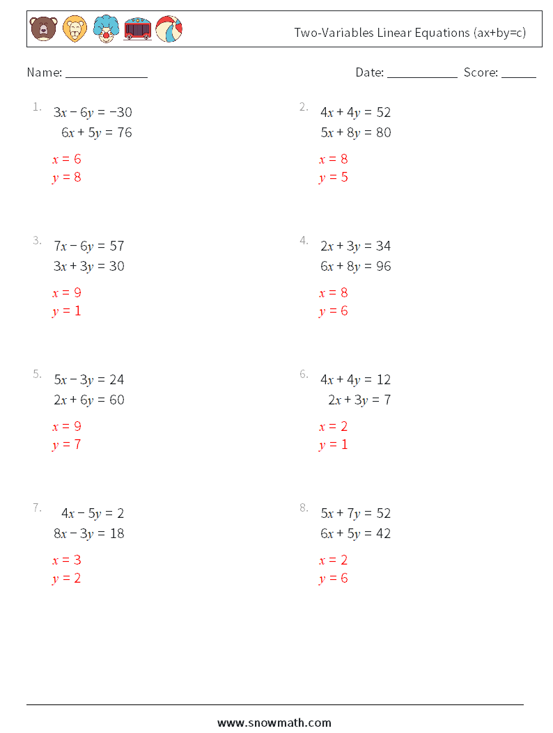 Two-Variables Linear Equations (ax+by=c) Maths Worksheets 15 Question, Answer