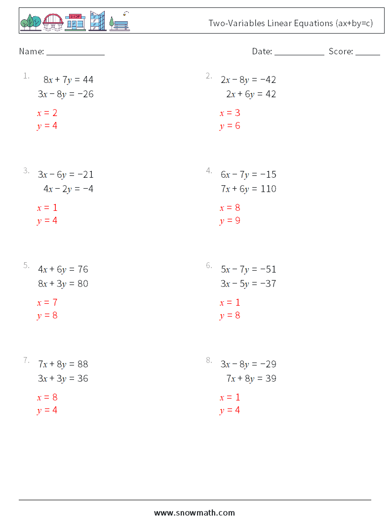 Two-Variables Linear Equations (ax+by=c) Maths Worksheets 16 Question, Answer