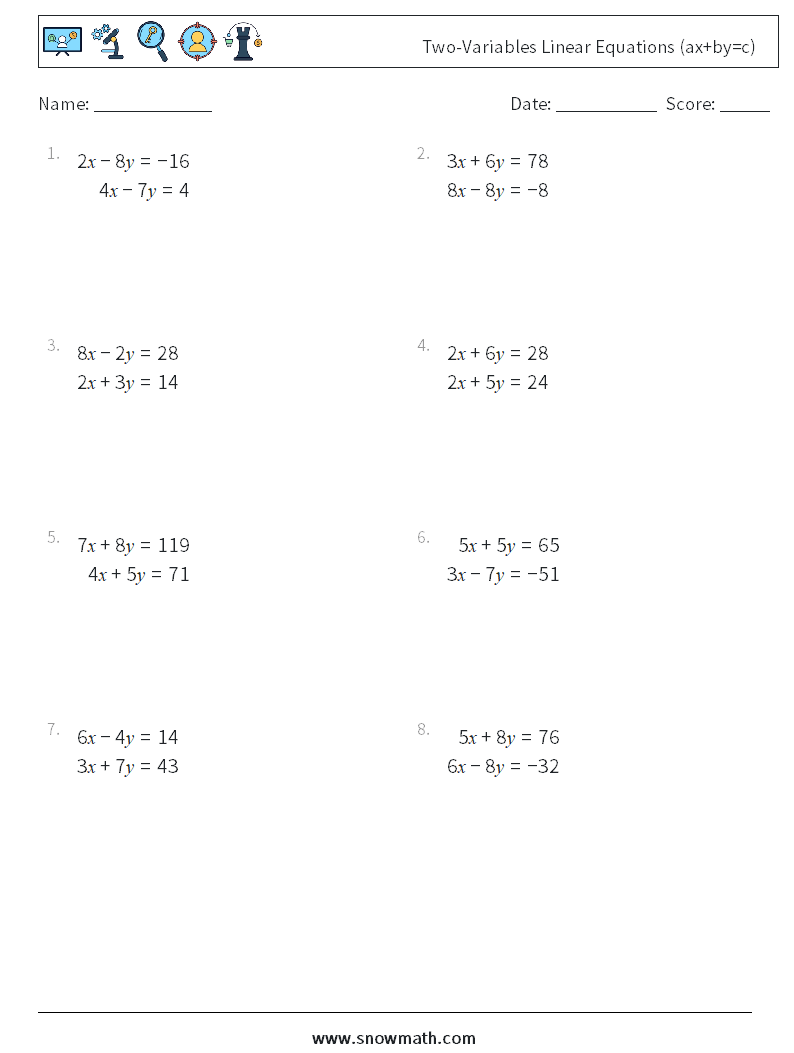 Two-Variables Linear Equations (ax+by=c) Maths Worksheets 17