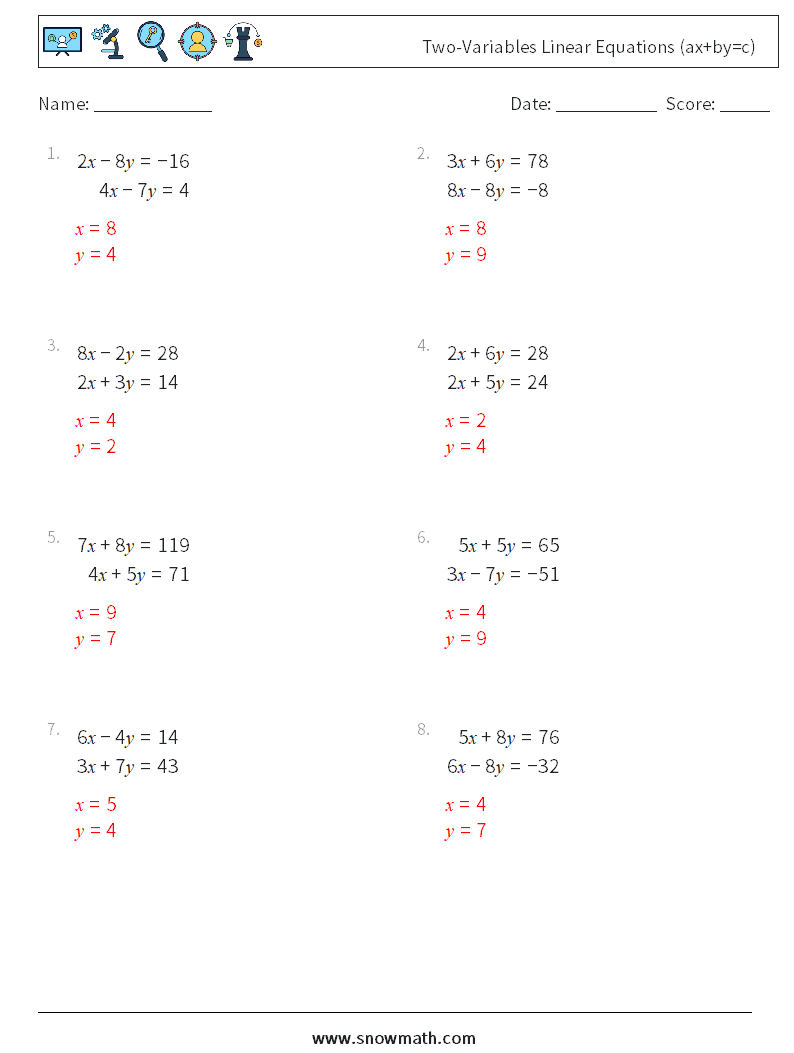 Two-Variables Linear Equations (ax+by=c) Maths Worksheets 17 Question, Answer