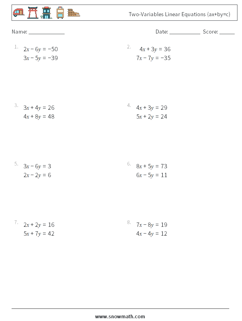 Two-Variables Linear Equations (ax+by=c) Maths Worksheets 18