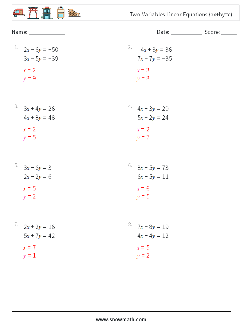 Two-Variables Linear Equations (ax+by=c) Maths Worksheets 18 Question, Answer