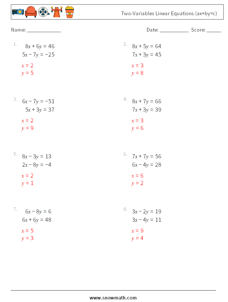 Two-Variables Linear Equations (ax+by=c) Maths Worksheets 1 Question, Answer