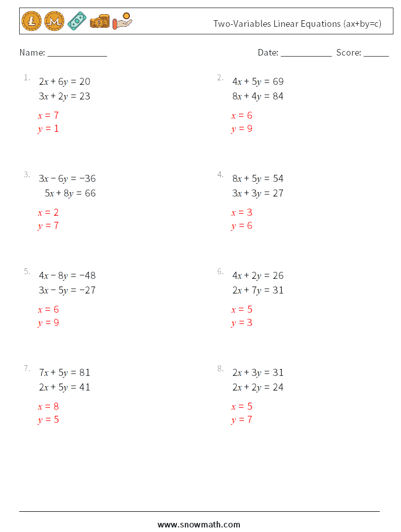 Two-Variables Linear Equations (ax+by=c) Maths Worksheets 2 Question, Answer