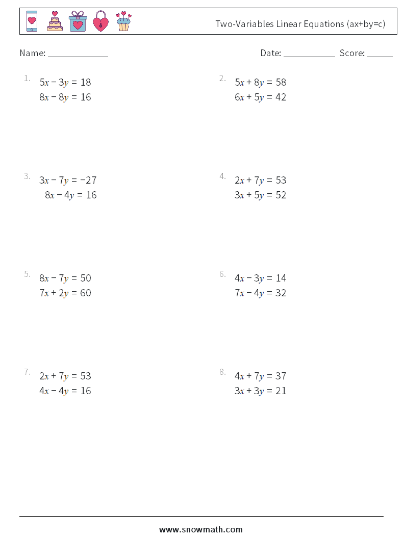 Two-Variables Linear Equations (ax+by=c) Maths Worksheets 3