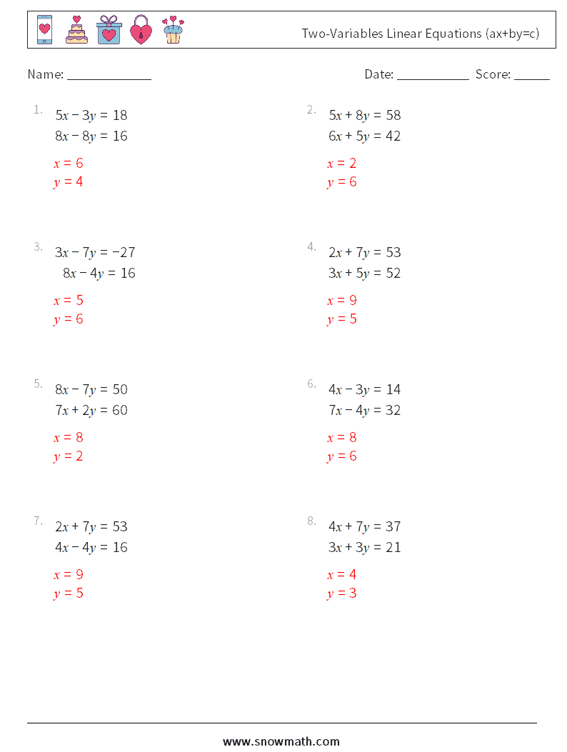 Two-Variables Linear Equations (ax+by=c) Maths Worksheets 3 Question, Answer