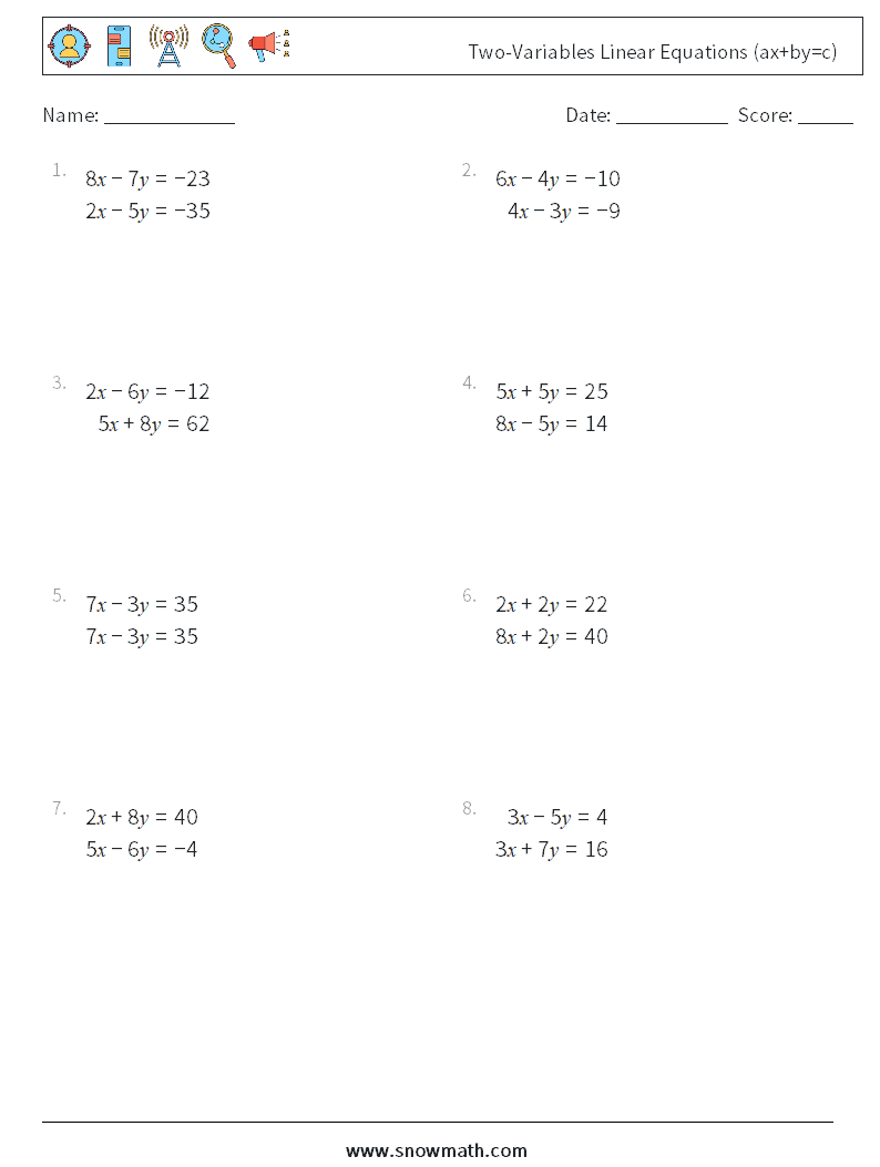 Two-Variables Linear Equations (ax+by=c) Maths Worksheets 4