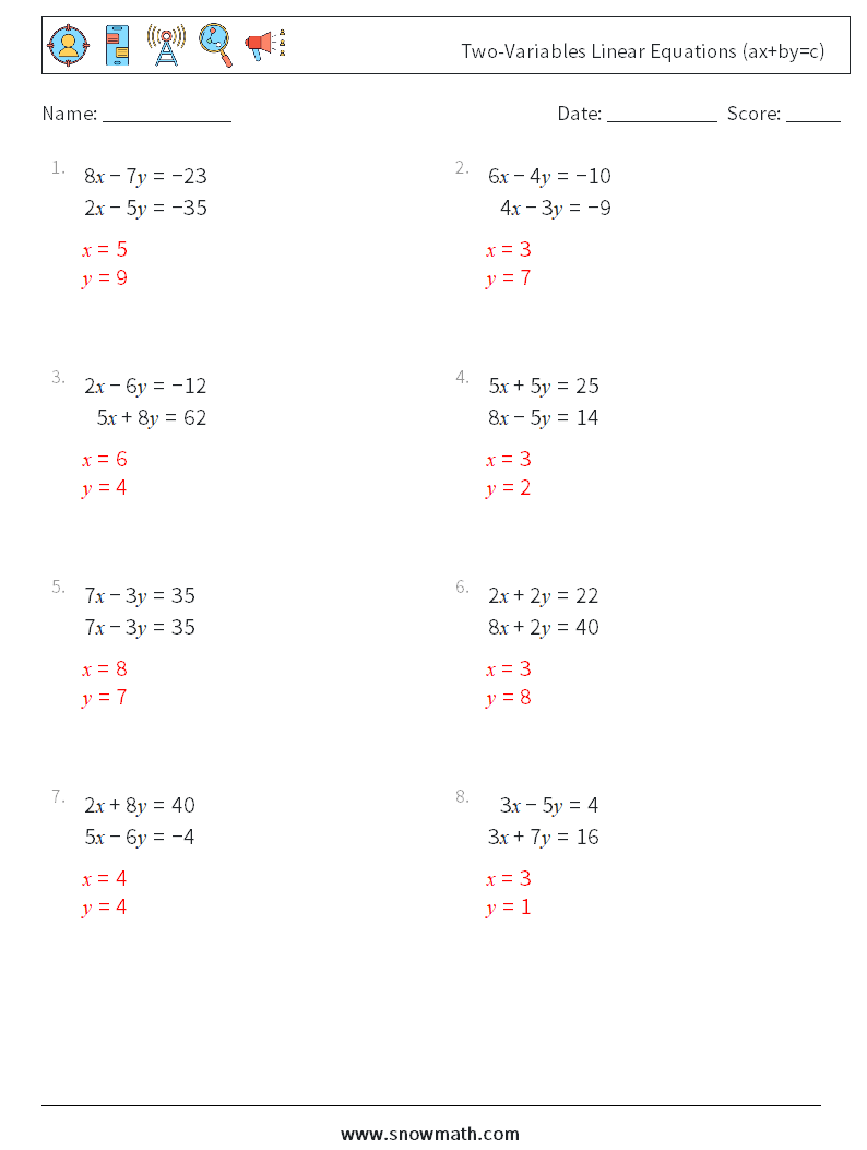 Two-Variables Linear Equations (ax+by=c) Maths Worksheets 4 Question, Answer