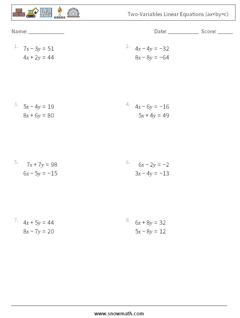 Two-Variables Linear Equations (ax+by=c) Maths Worksheets 5