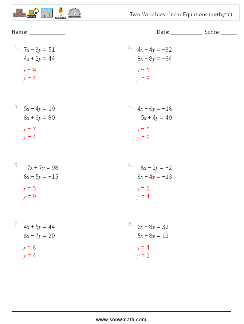 Two-Variables Linear Equations (ax+by=c) Maths Worksheets 5 Question, Answer