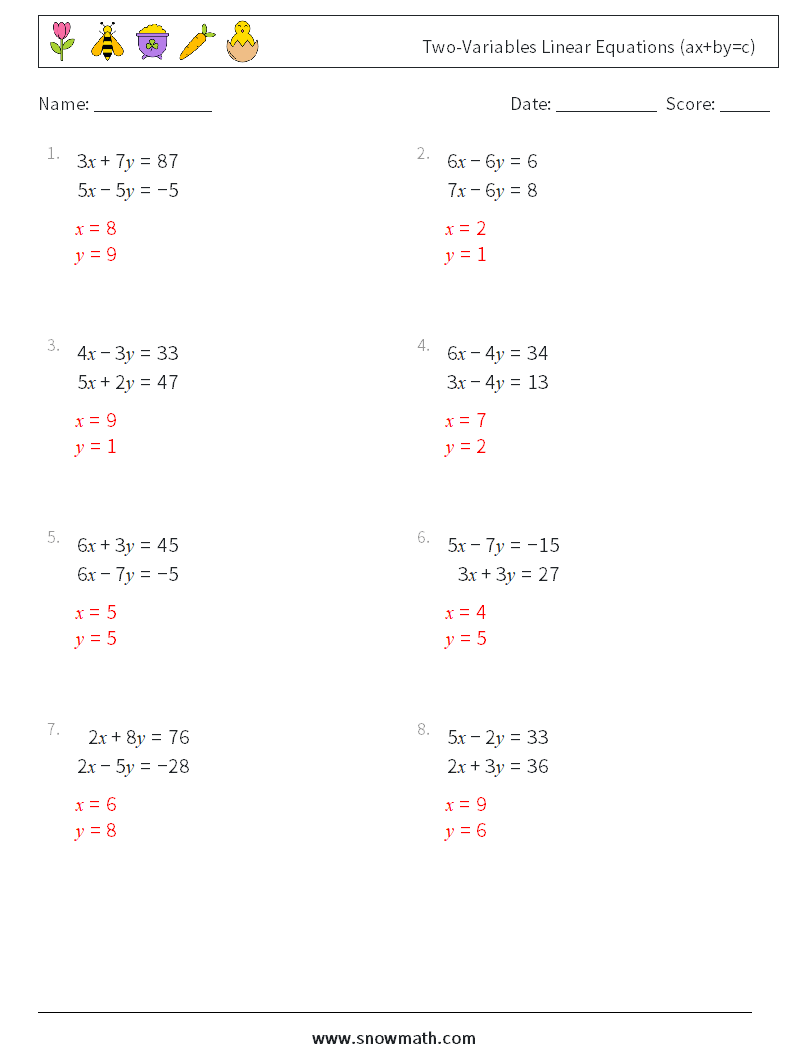 Two-Variables Linear Equations (ax+by=c) Maths Worksheets 6 Question, Answer