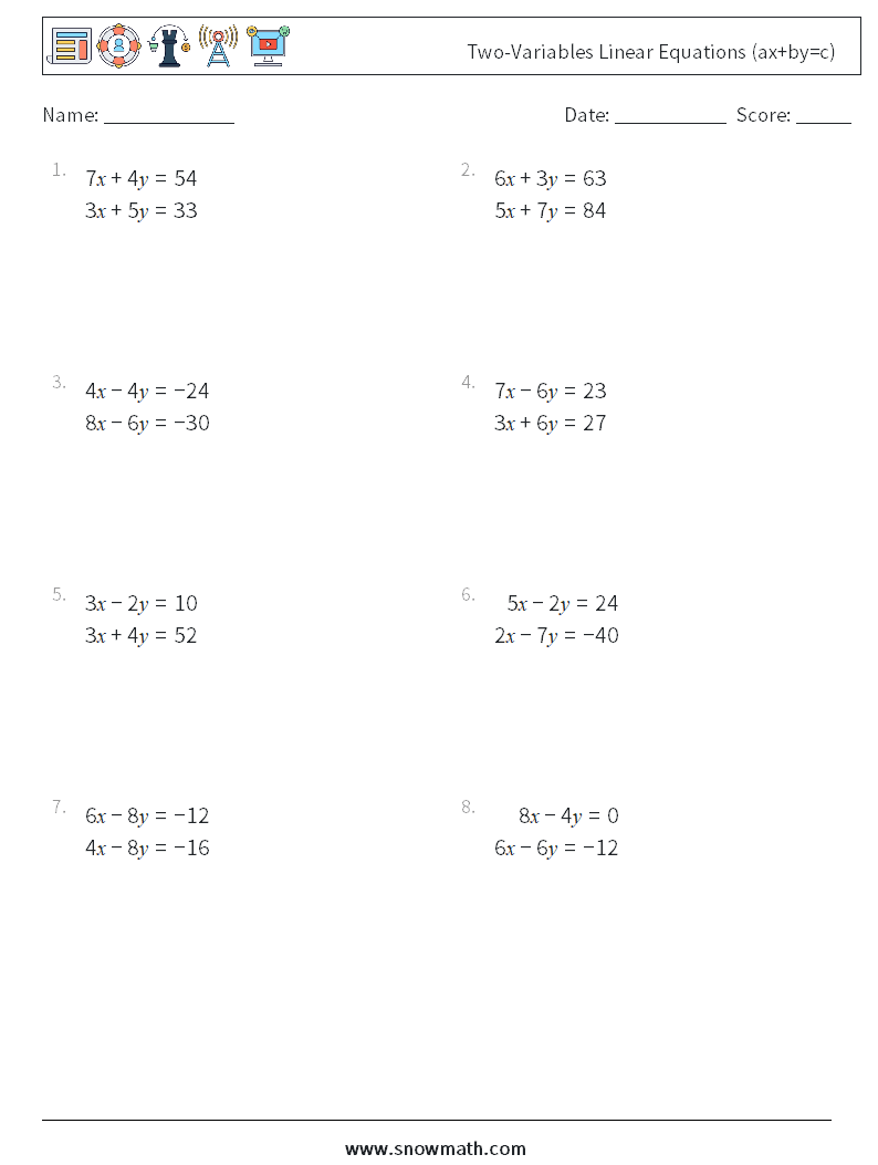 Two-Variables Linear Equations (ax+by=c) Maths Worksheets 7