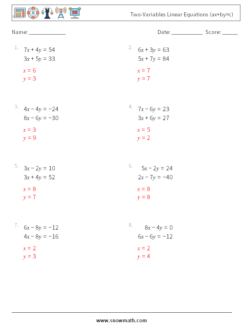 Two-Variables Linear Equations (ax+by=c) Maths Worksheets 7 Question, Answer
