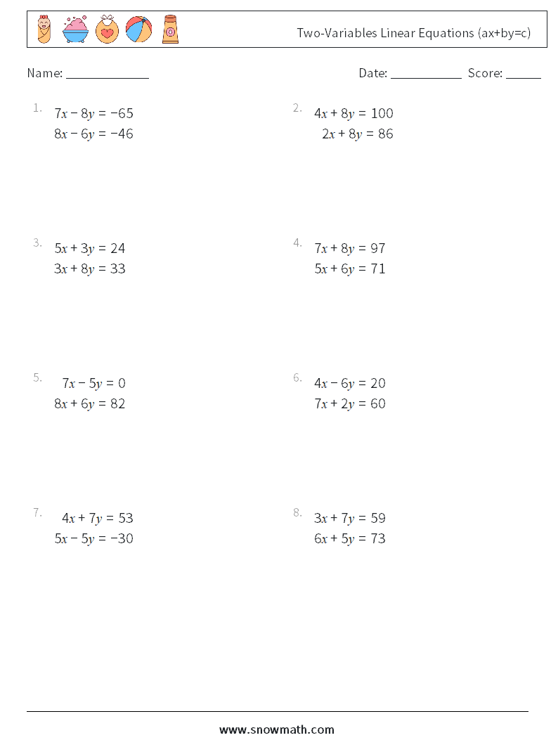 Two-Variables Linear Equations (ax+by=c) Maths Worksheets 8