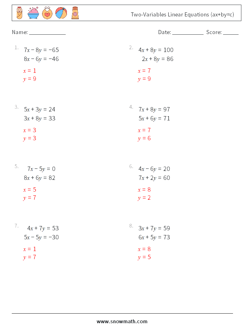 Two-Variables Linear Equations (ax+by=c) Maths Worksheets 8 Question, Answer