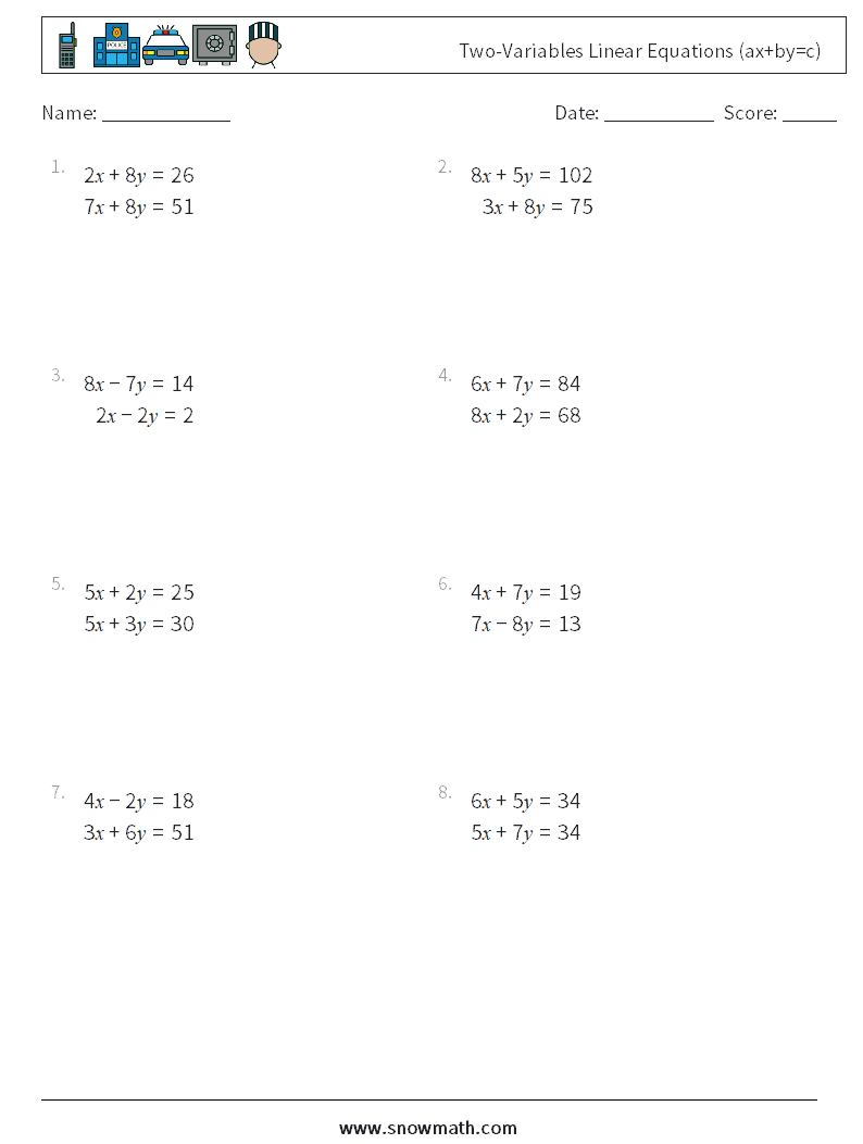 Two-Variables Linear Equations (ax+by=c) Maths Worksheets 9