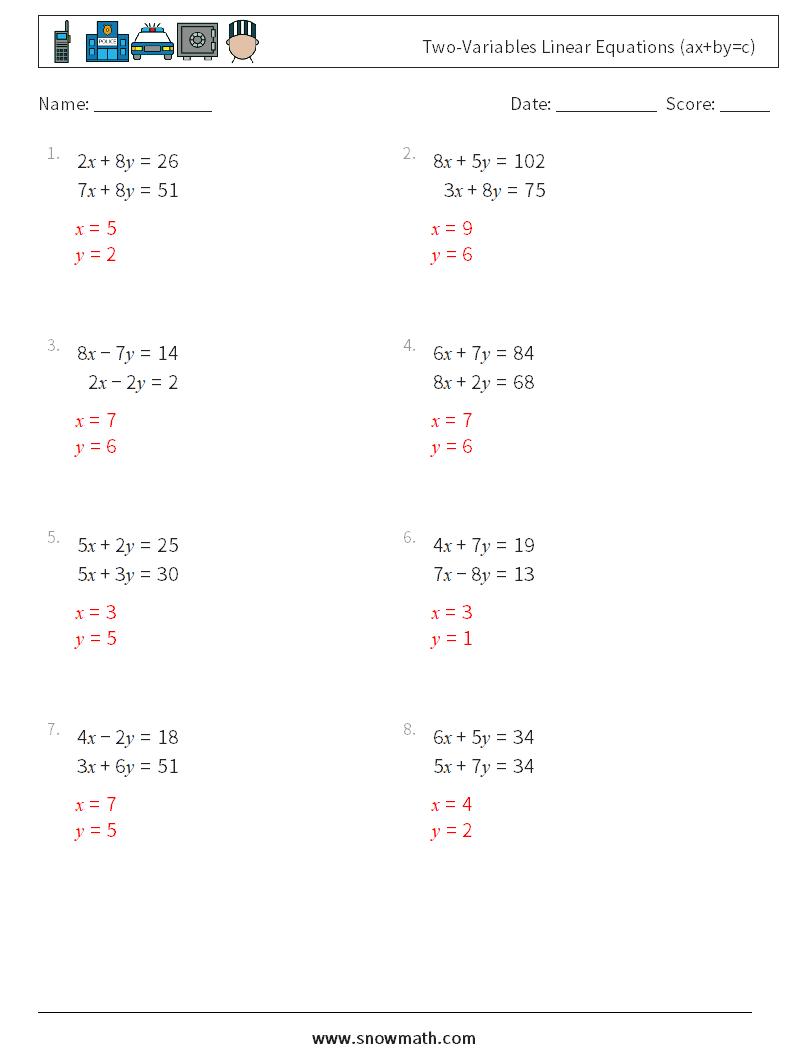 Two-Variables Linear Equations (ax+by=c) Maths Worksheets 9 Question, Answer