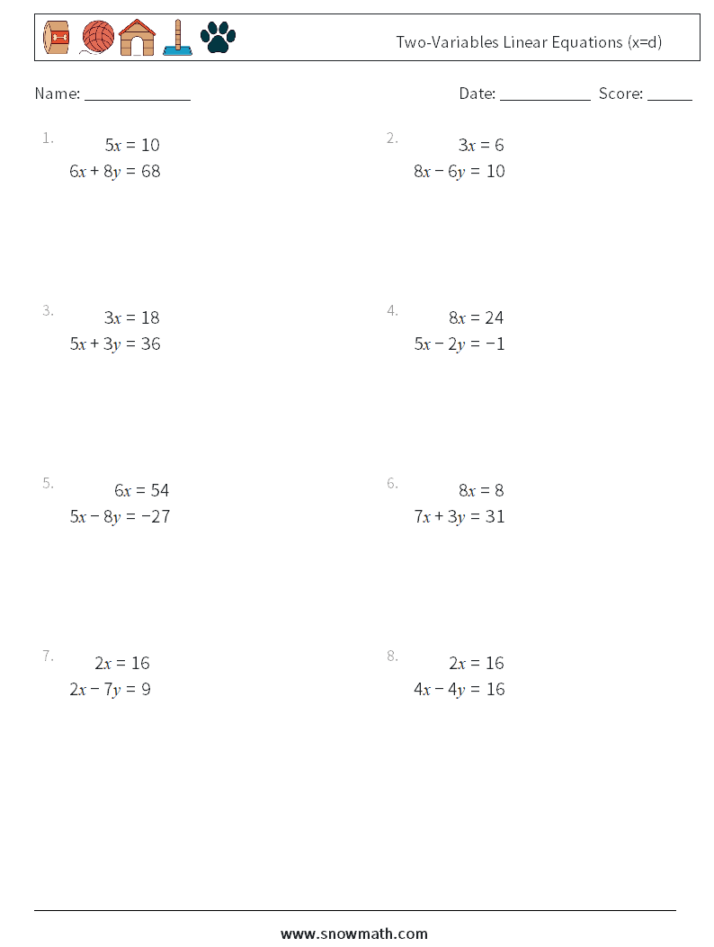 Two-Variables Linear Equations (x=d) Maths Worksheets 10