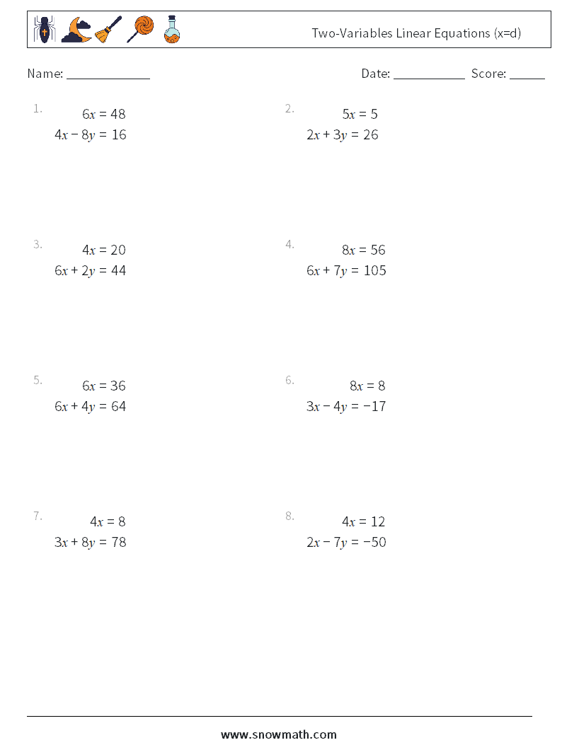 Two-Variables Linear Equations (x=d) Maths Worksheets 14