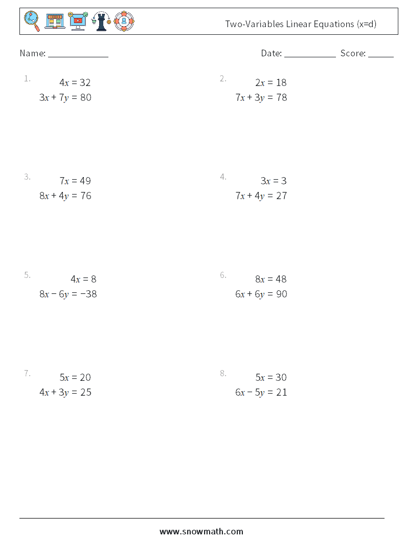 Two-Variables Linear Equations (x=d) Maths Worksheets 16