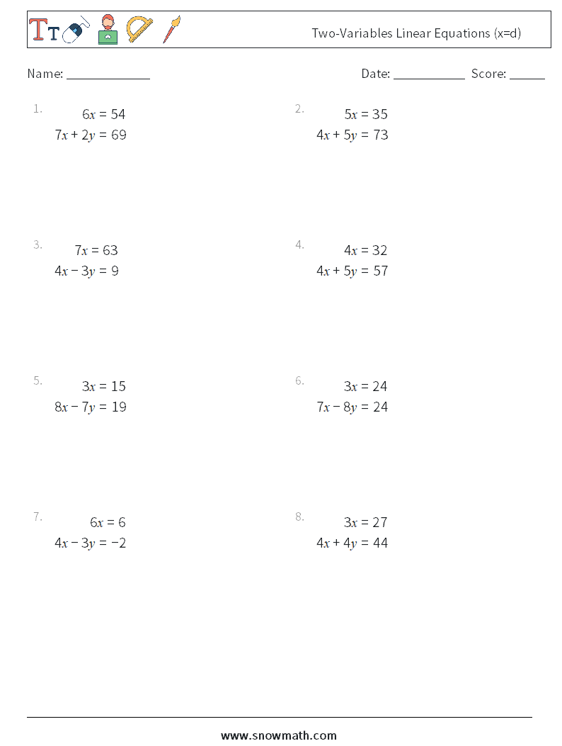 Two-Variables Linear Equations (x=d) Maths Worksheets 17