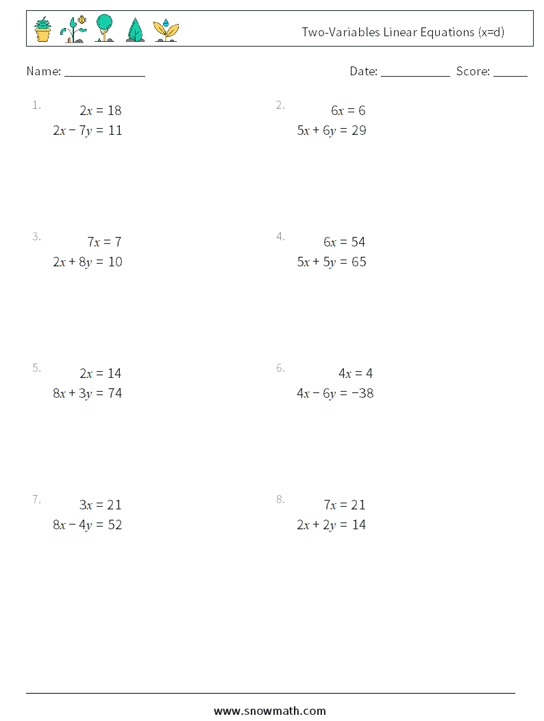 Two-Variables Linear Equations (x=d) Maths Worksheets 4