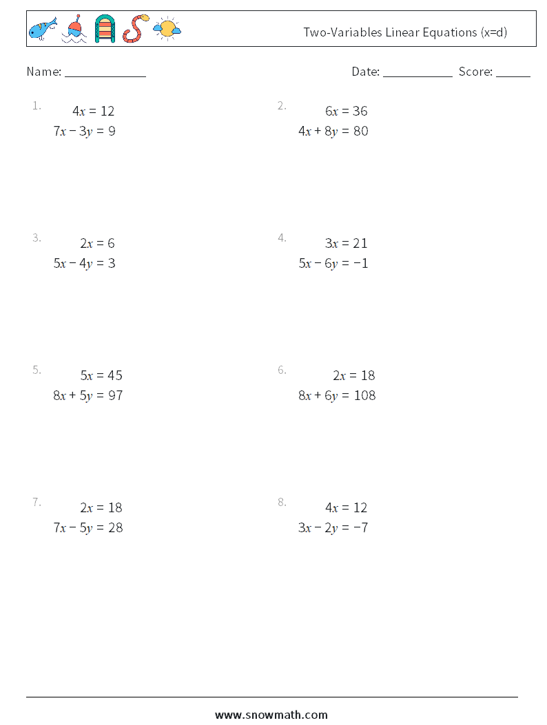 Two-Variables Linear Equations (x=d) Maths Worksheets 6