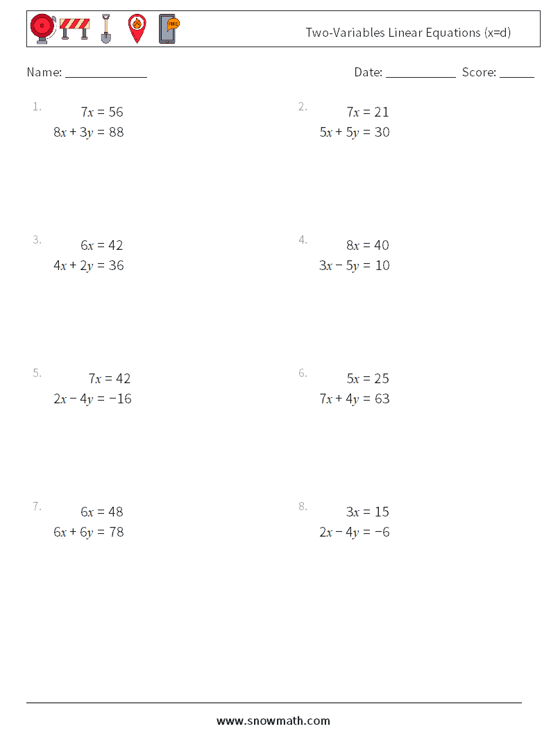 Two-Variables Linear Equations (x=d) Maths Worksheets 9