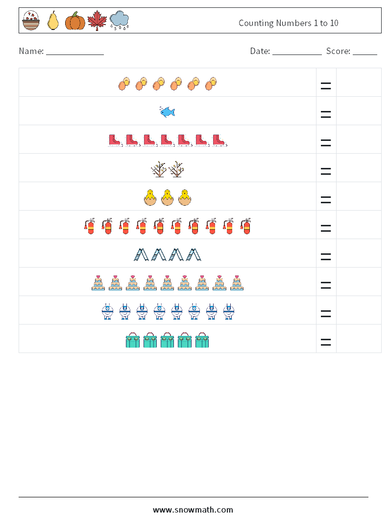 Counting Numbers 1 to 10 Maths Worksheets 1