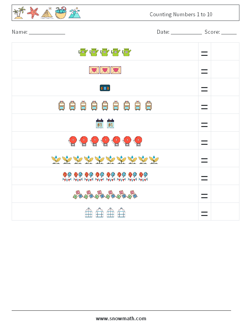 Counting Numbers 1 to 10 Maths Worksheets 11