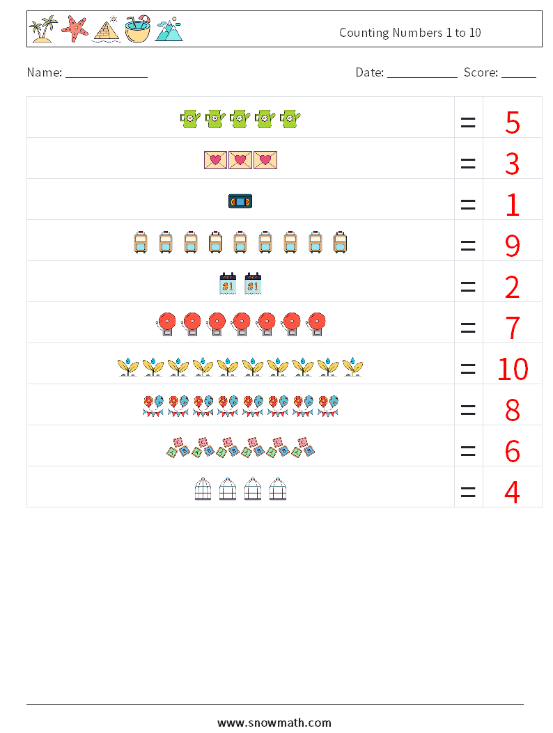 Counting Numbers 1 to 10 Maths Worksheets 11 Question, Answer