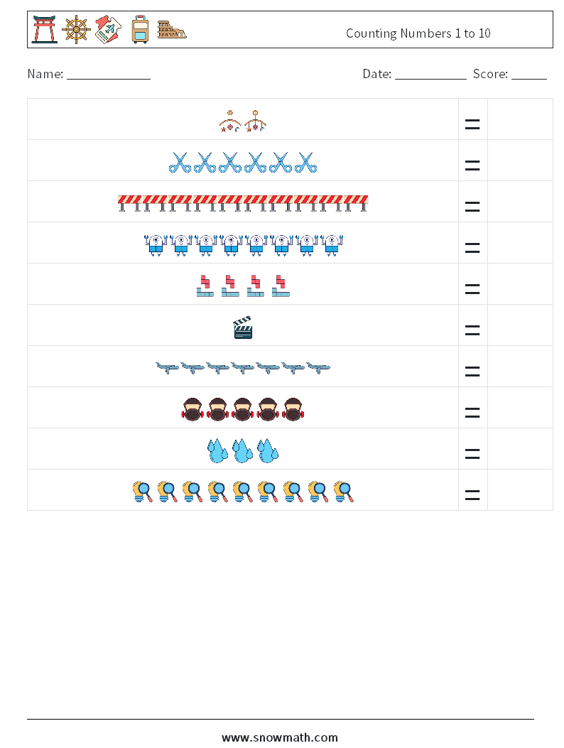 Counting Numbers 1 to 10 Maths Worksheets 12
