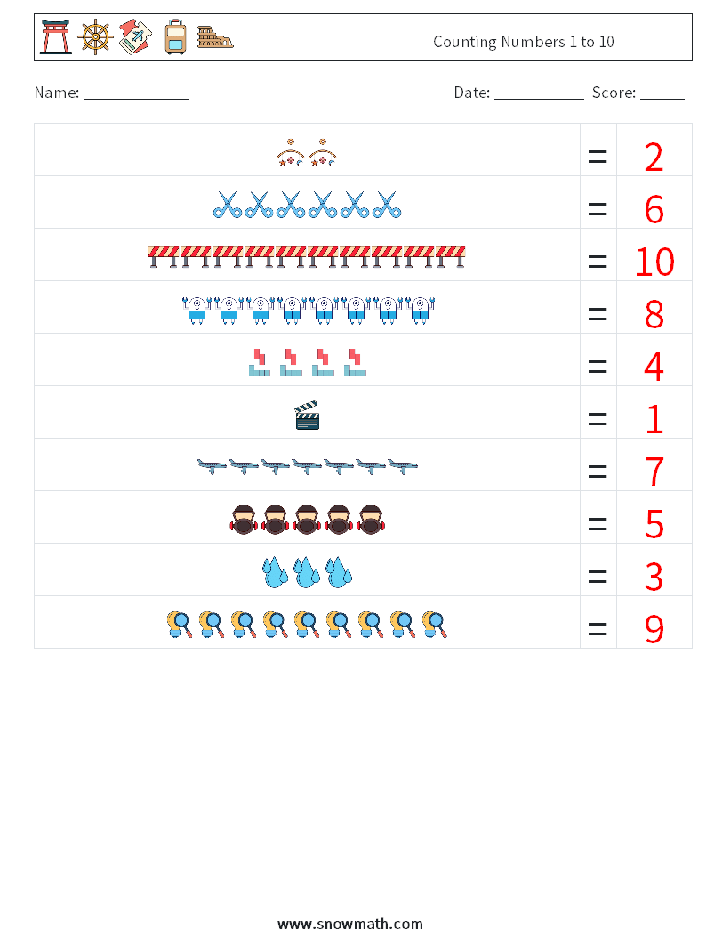 Counting Numbers 1 to 10 Maths Worksheets 12 Question, Answer