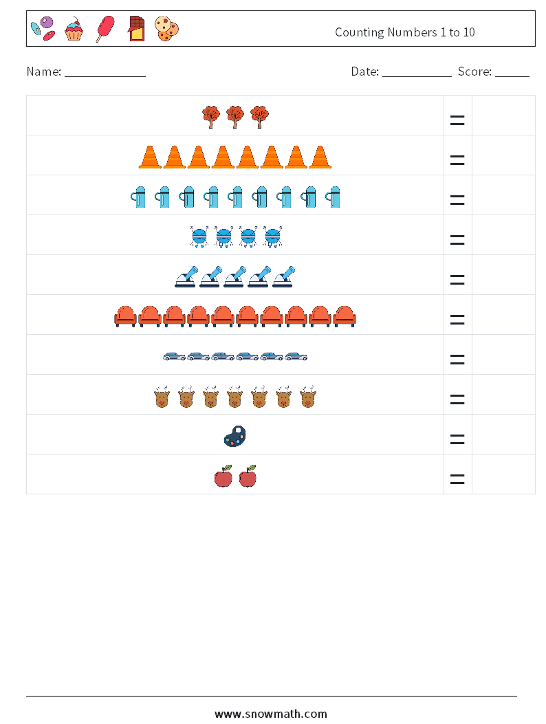 Counting Numbers 1 to 10 Maths Worksheets 13