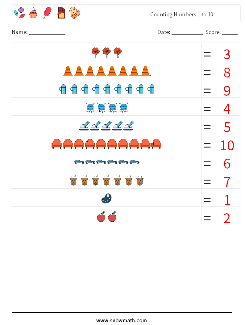 Counting Numbers 1 to 10 Maths Worksheets 13 Question, Answer