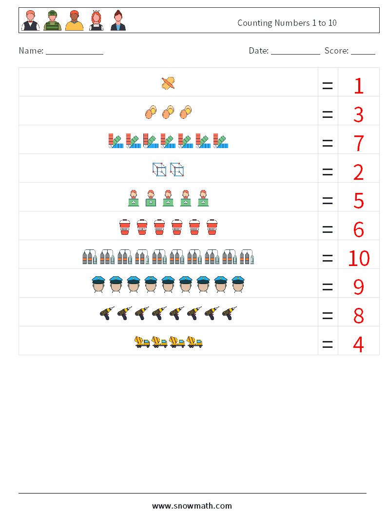Counting Numbers 1 to 10 Maths Worksheets 15 Question, Answer