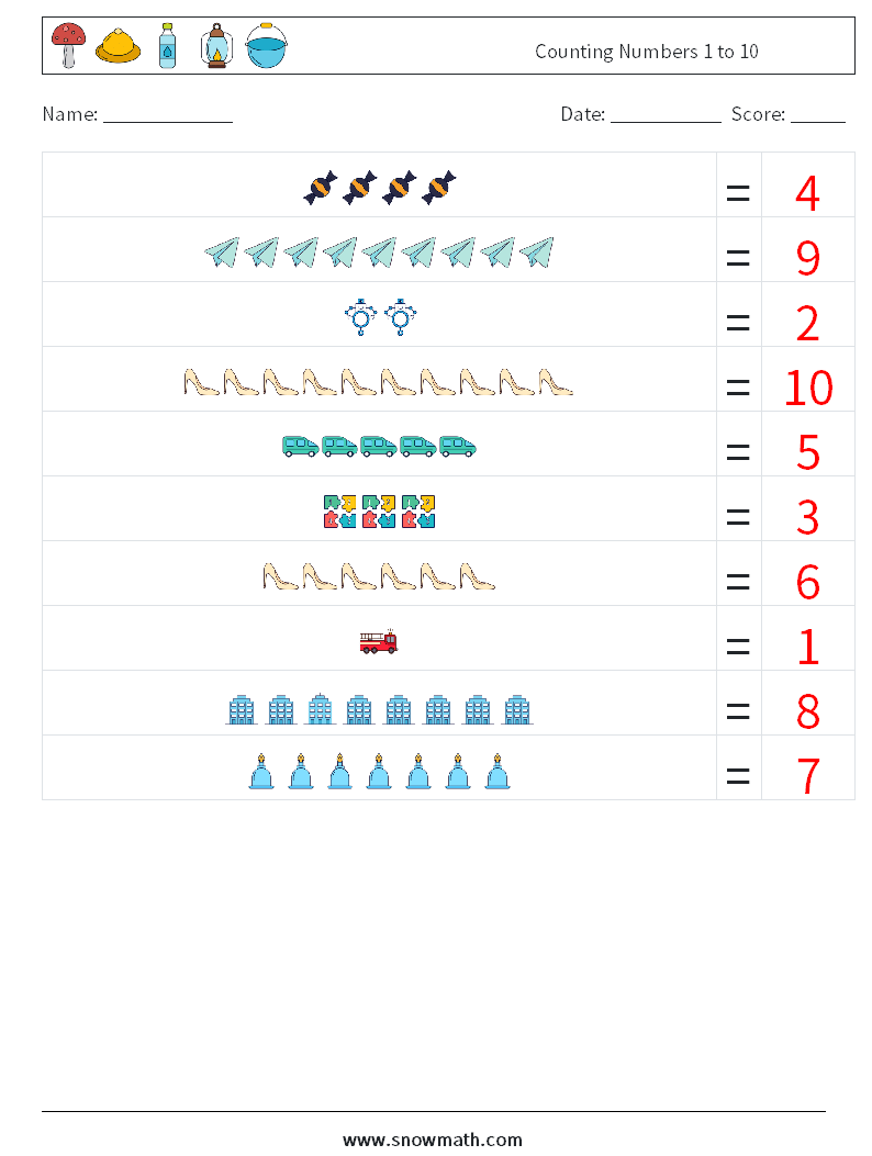 Counting Numbers 1 to 10 Maths Worksheets 16 Question, Answer