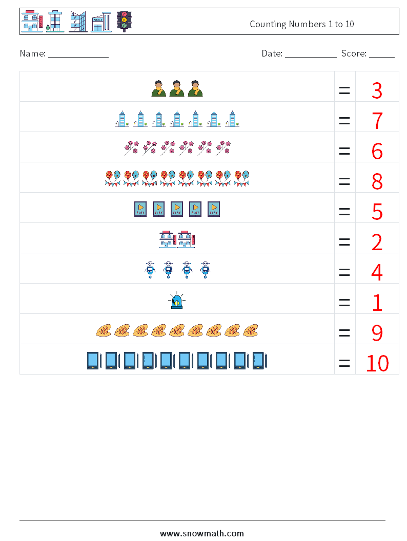 Counting Numbers 1 to 10 Maths Worksheets 17 Question, Answer