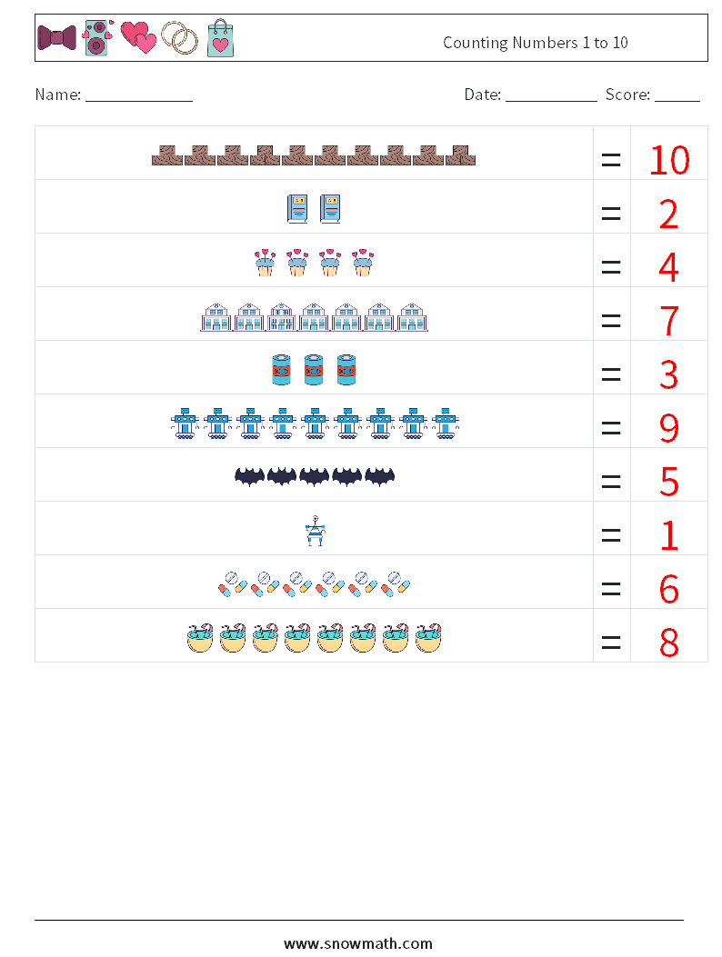 Counting Numbers 1 to 10 Maths Worksheets 18 Question, Answer