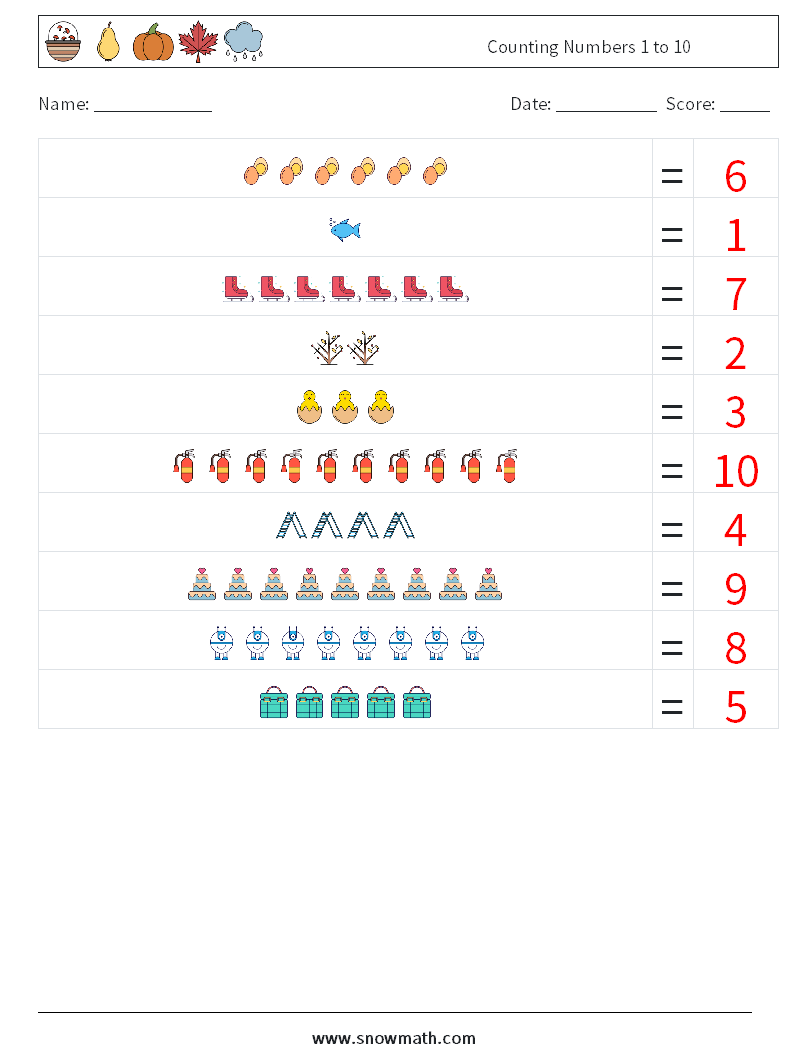 Counting Numbers 1 to 10 Maths Worksheets 1 Question, Answer