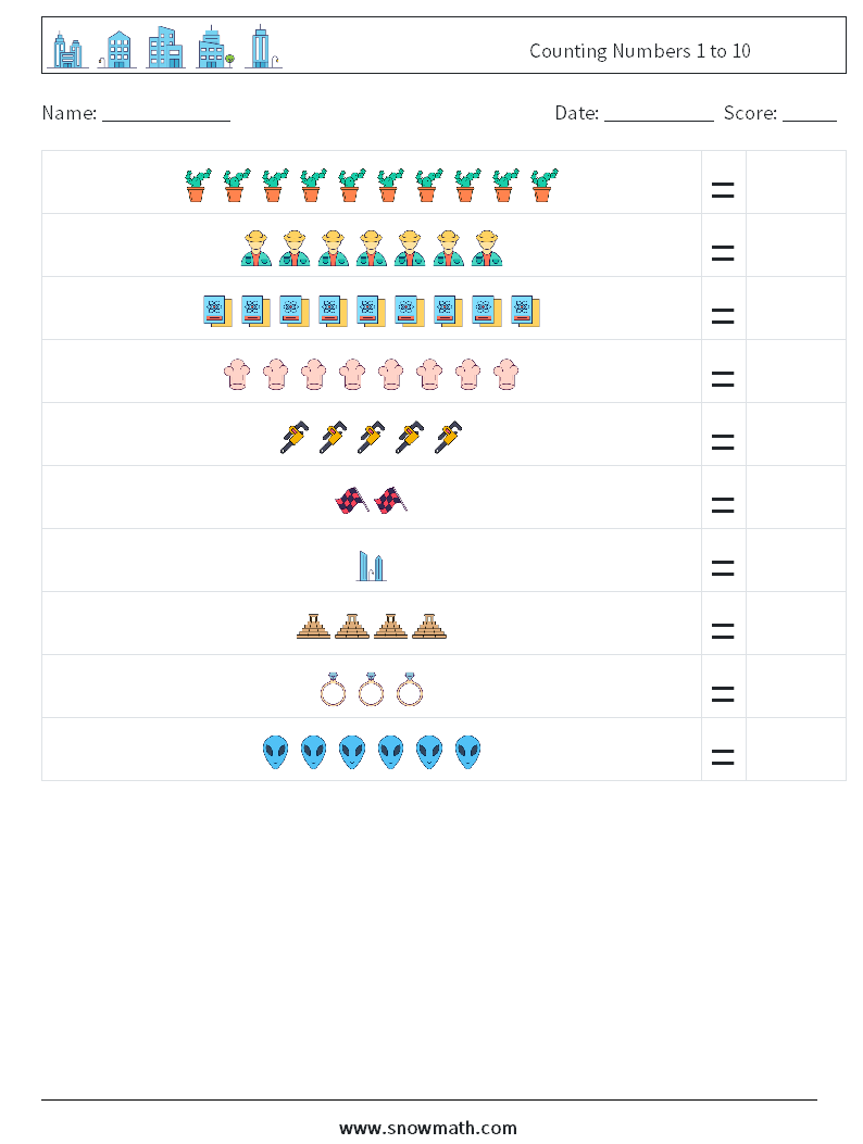 Counting Numbers 1 to 10 Maths Worksheets 2