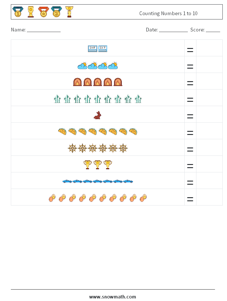 Counting Numbers 1 to 10 Maths Worksheets 3