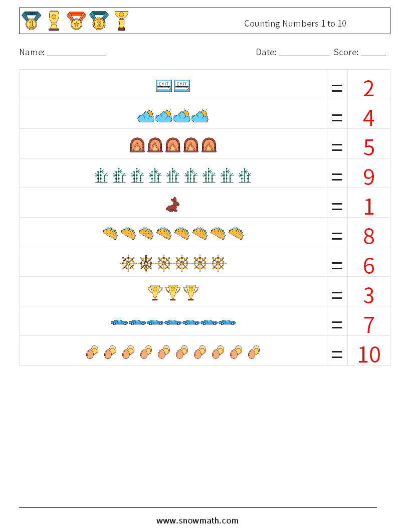 Counting Numbers 1 to 10 Maths Worksheets 3 Question, Answer