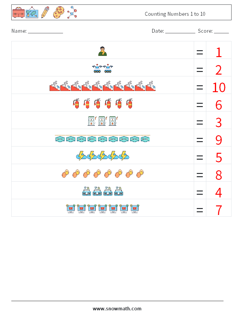 Counting Numbers 1 to 10 Maths Worksheets 5 Question, Answer