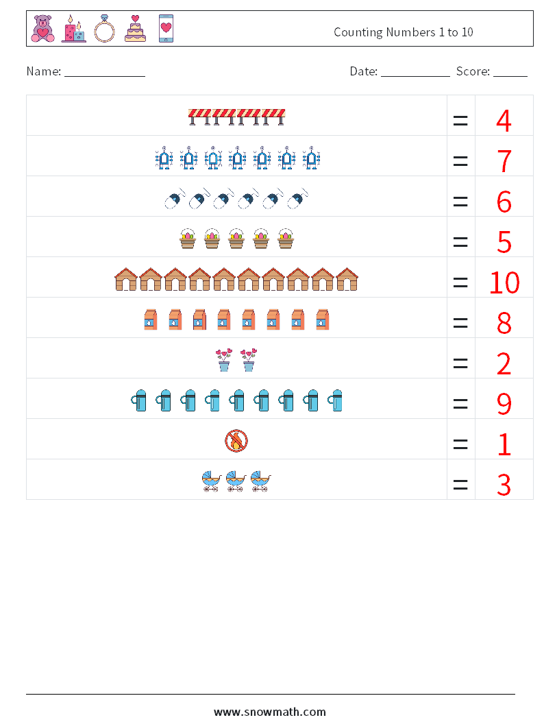 Counting Numbers 1 to 10 Maths Worksheets 6 Question, Answer