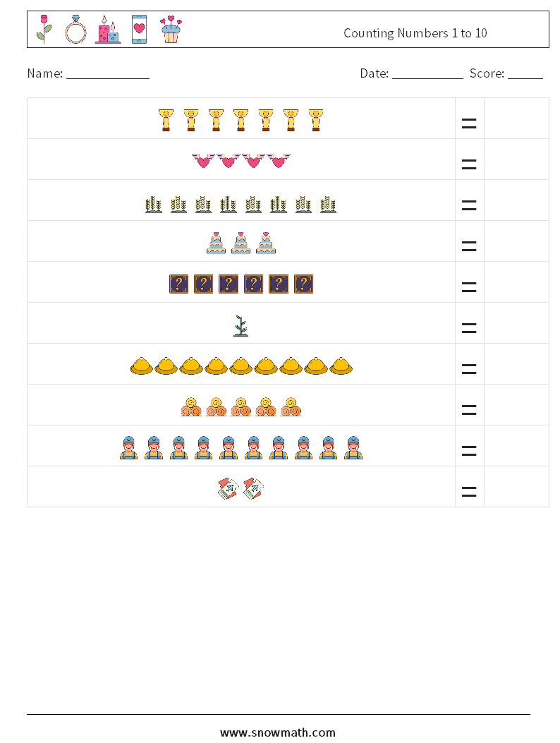 Counting Numbers 1 to 10 Maths Worksheets 7