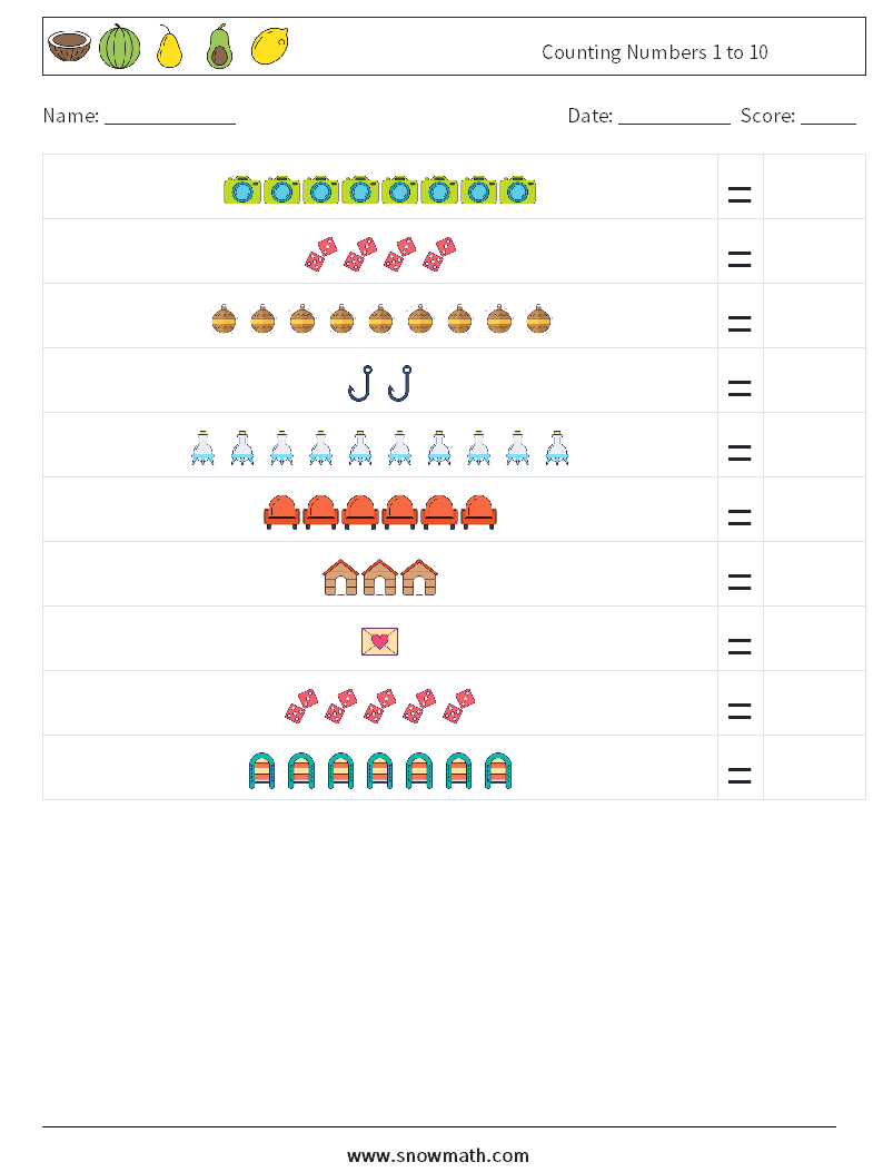 Counting Numbers 1 to 10 Maths Worksheets 8