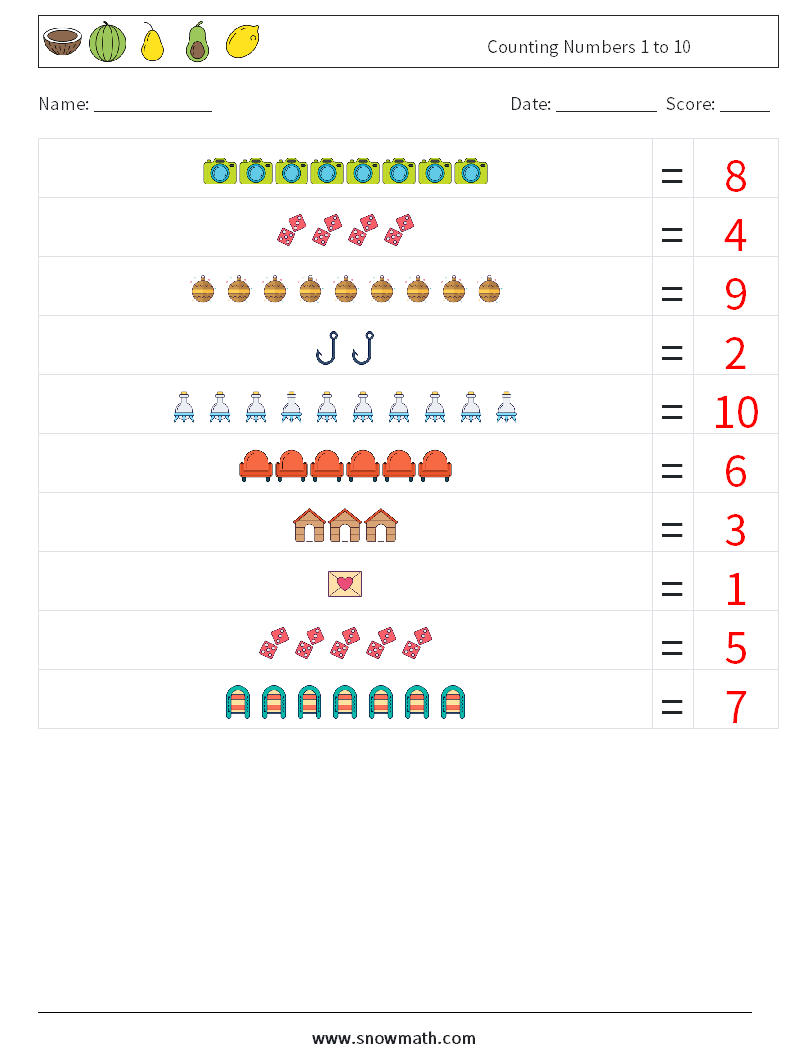 Counting Numbers 1 to 10 Maths Worksheets 8 Question, Answer