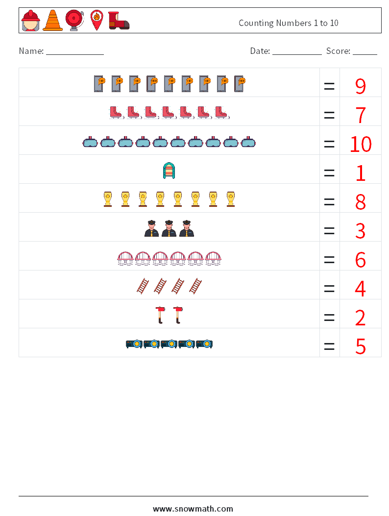 Counting Numbers 1 to 10 Maths Worksheets 9 Question, Answer